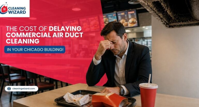 Dirty commercial HVAC air ducts above a frustrated business owner showing the risks of delaying commercial air duct cleaning in Chicago.