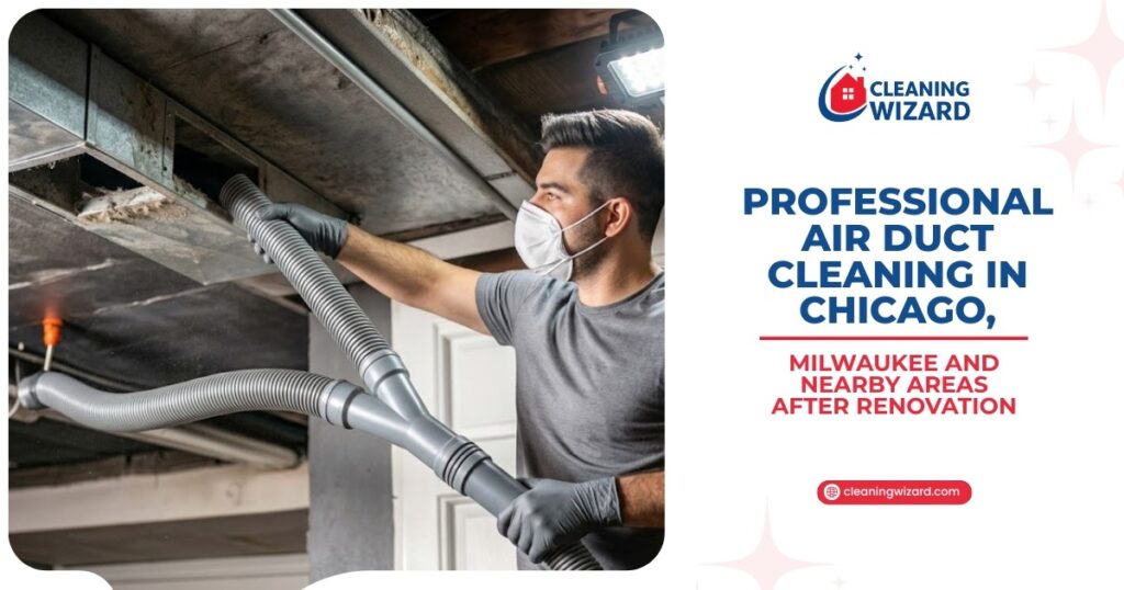  Professional technician removing renovation dust from HVAC ductwork during air duct cleaning service in Chicago, Milwaukee, and nearby areas.
