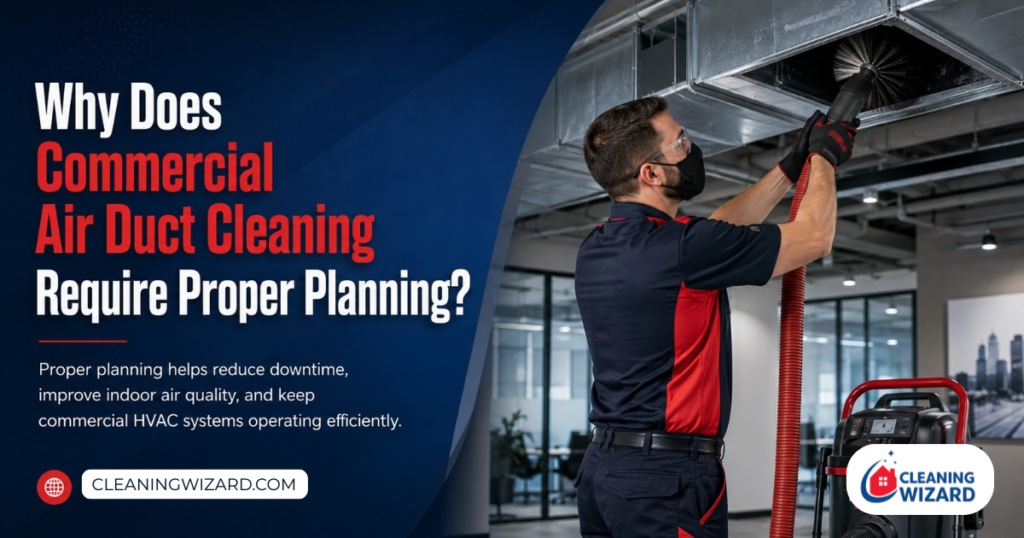 Cleaning Wizard technician performing commercial air duct cleaning in a Chicago office building