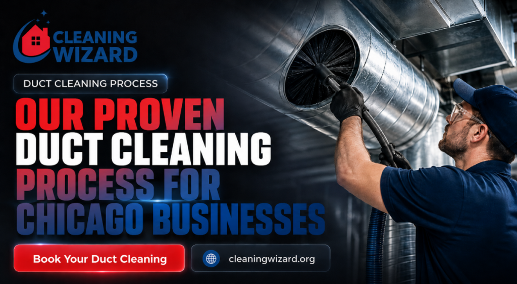 Cleaning Wizard technician performing commercial air duct cleaning on large metal ventilation pipes in a Chicago and Highland park