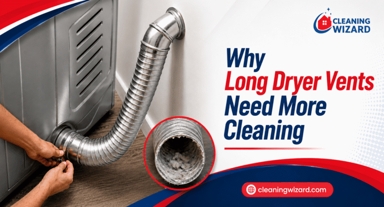 Long dryer vent with lint buildup and multiple bends requiring more frequent cleaning