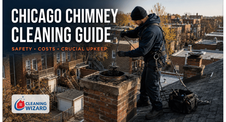 Professional chimney sweep in safety gear cleaning a brick chimney on a Chicago residential rooftop with fall cityscape.