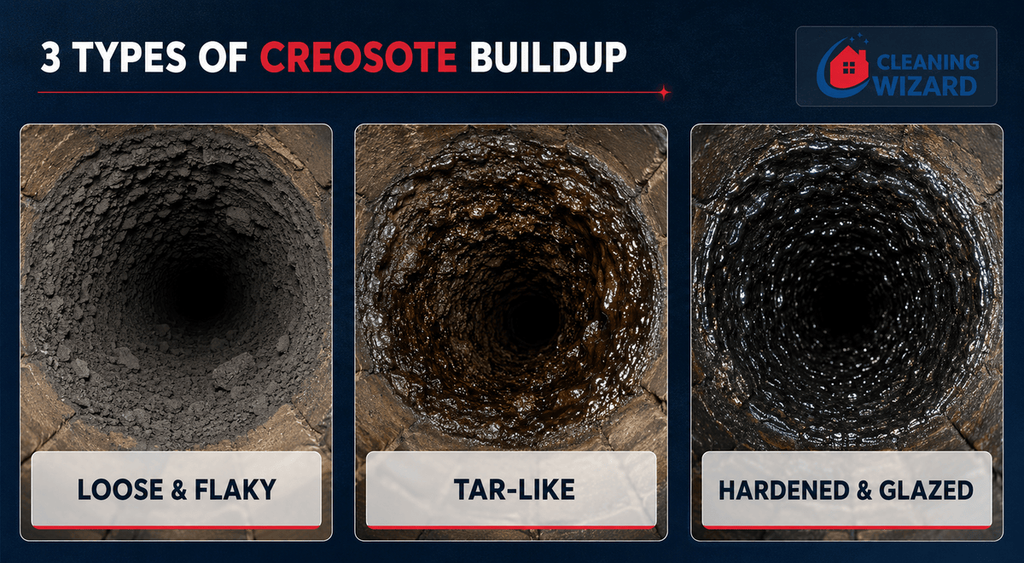 Comparison of three chimney creosote buildup stages — loose flaky soot, tar-like deposits, and hardened glazed residue — inside a flue.