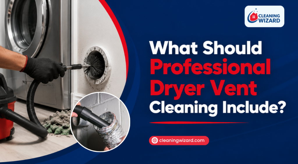  warning signs of a clogged dryer vent, including lint buildup, damp clothes, overheating, burning smell, excess humidity, and blocked exterior vent hood.