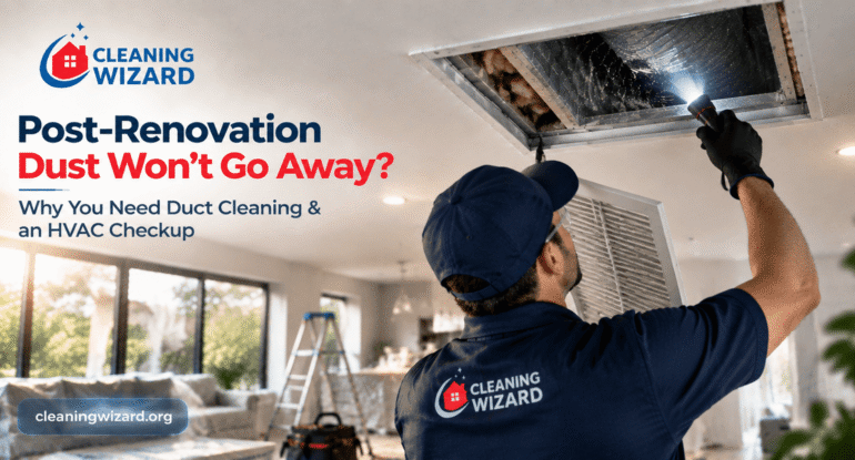Cleaning Wizard technician inspecting a ceiling air vent with a flashlight for signs of HVAC damage.