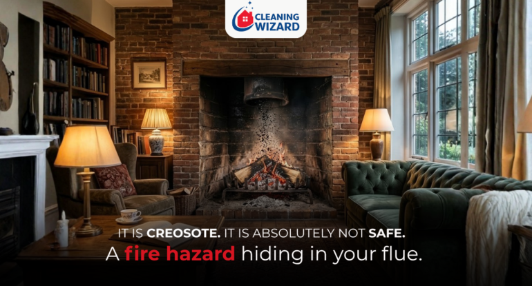 A cozy living room with a brick fireplace, green velvet sofa, and the Cleaning Wizard logo, featuring text warning about dangerous creosote fire hazards in the flue.