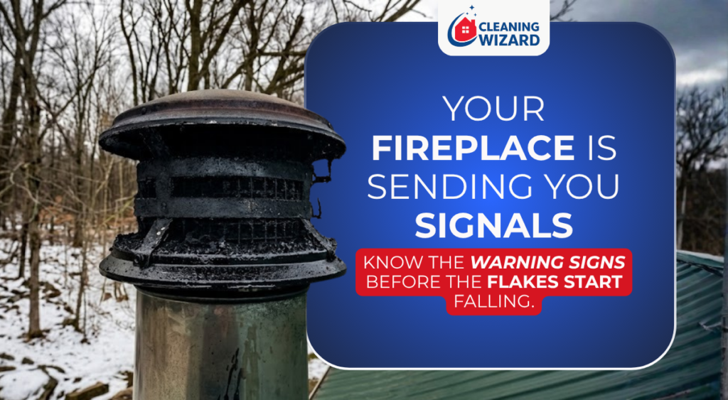 Cleaning Wizard logo and text warning homeowners to watch for fireplace danger signals before black flakes start falling. 