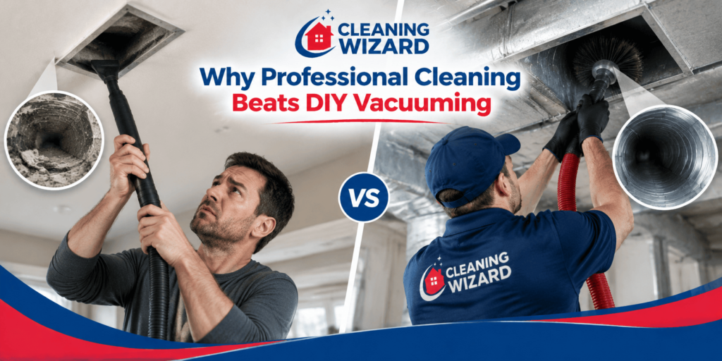 DIY vacuuming versus professional air duct cleaning — Cleaning Wizard technician cleaning ducts with professional rotary brush equipment for a complete clean. 