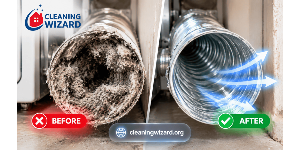Before and after comparison of a clogged dryer vent filled with lint and a clean dryer duct after professional dryer vent cleaning.
