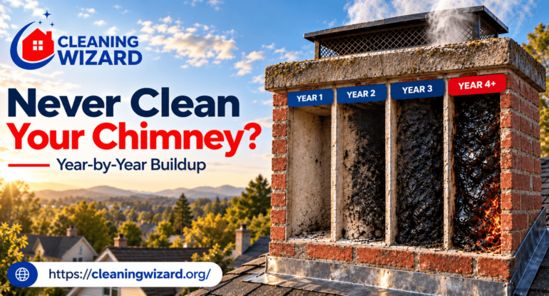 Cleaning Wizard chimney cleaning infographic showing year-by-year soot and creosote buildup from Year 1 through Year 4+, illustrating the risks of a neglected chimney.