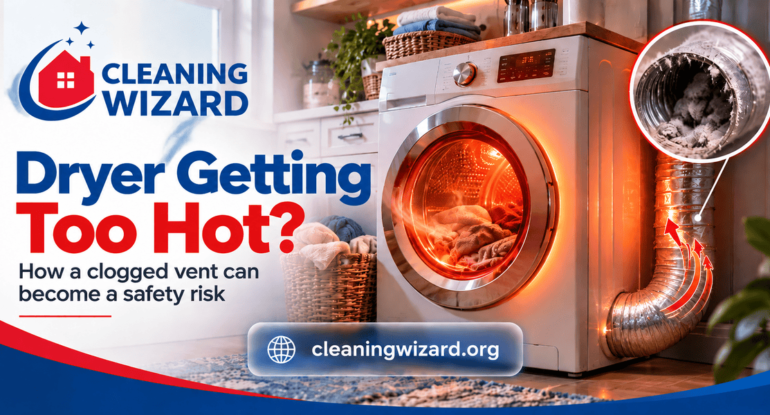 Overheating dryer with clogged vent showing lint buildup and potential fire risk from blocked airflow.